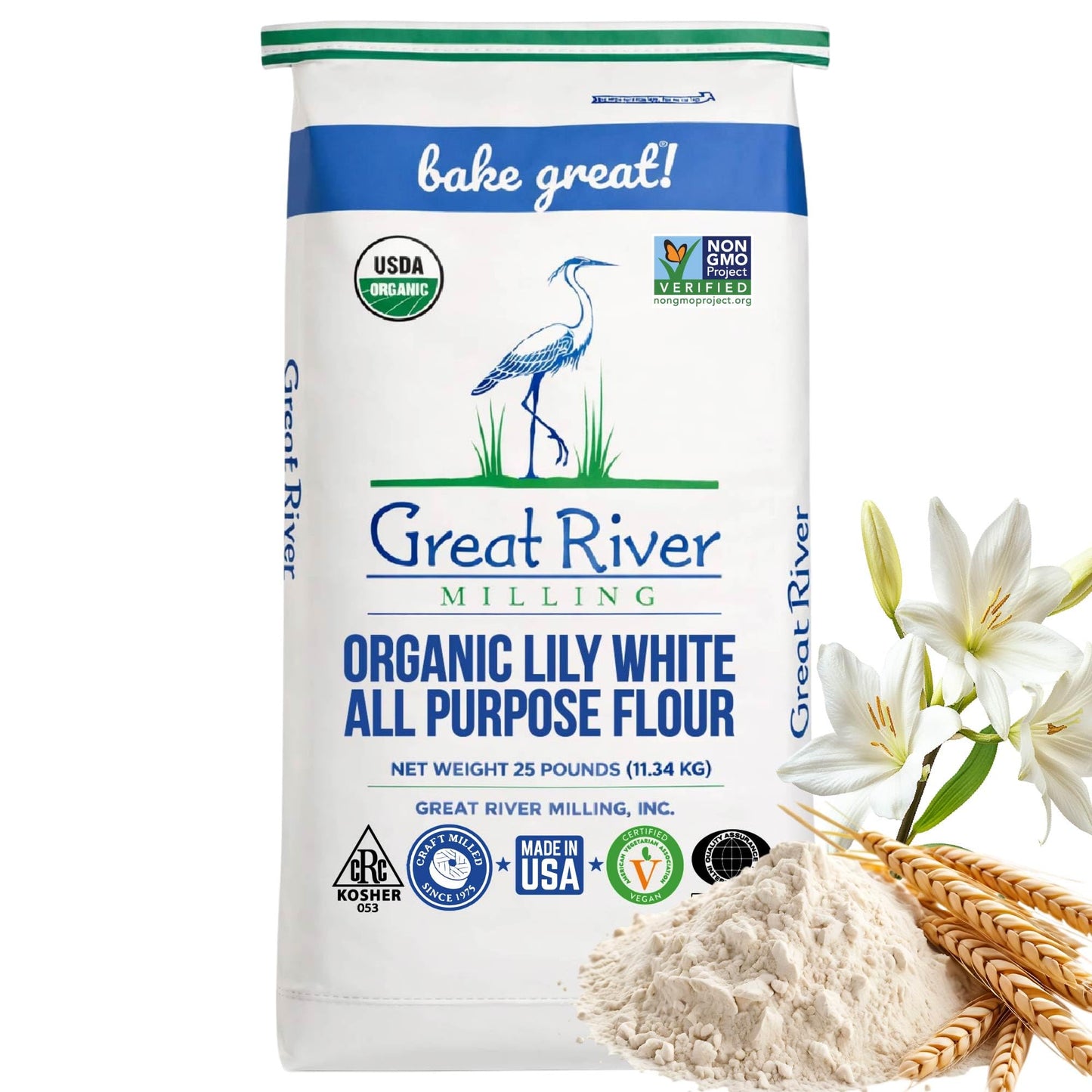 A 25 lb bag of Great River Milling Organic Lily White All-Purpose Flour, featuring a heron illustration, USDA Organic and Non-GMO labels, with white lilies and flour beside it