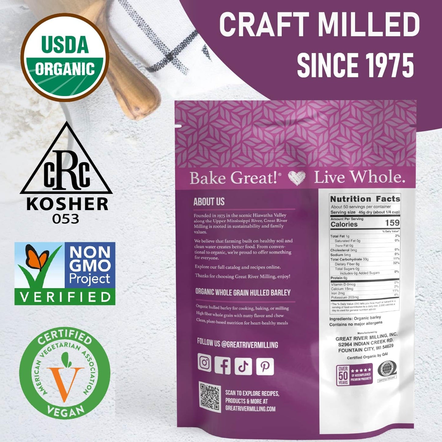 The Great River Milling Organic Hulled Barley is packaged in a 25 lb bag featuring a purple design with nutritional facts. It is certified organic, non-GMO, and vegan
