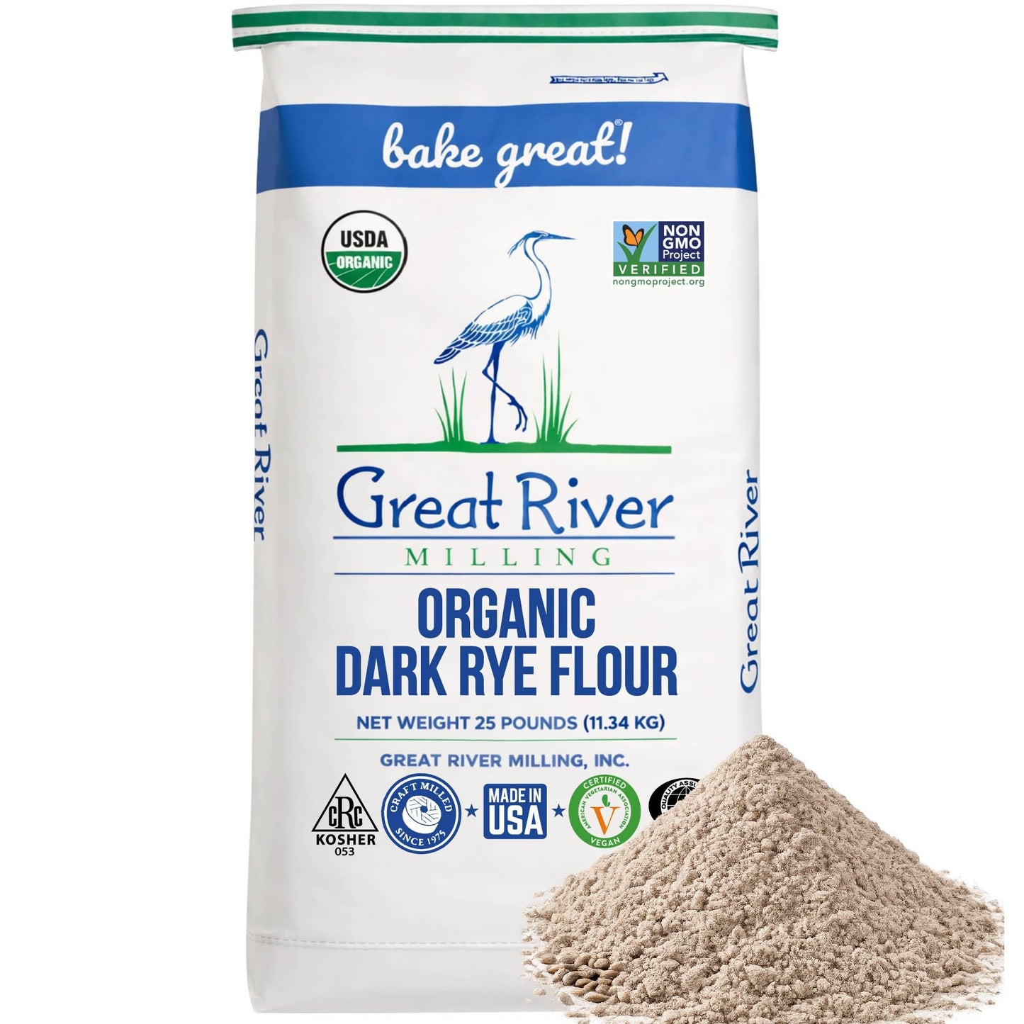 A 25 lb bag of Great River Milling Organic Dark Rye Flour, featuring a white and blue design with a crane illustration. The bag is labeled non-GMO and organic