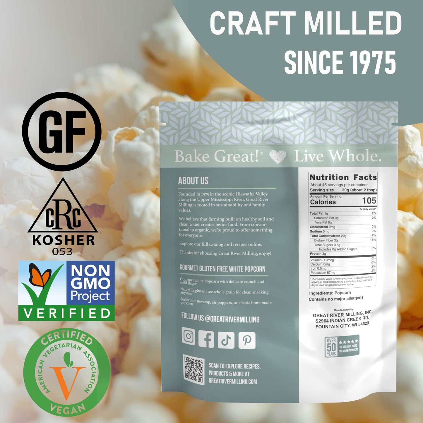A bag of Great River Milling Gourmet White Popcorn Kernels is displayed against a backdrop of popped popcorn. The packaging features various certifications and nutritional information