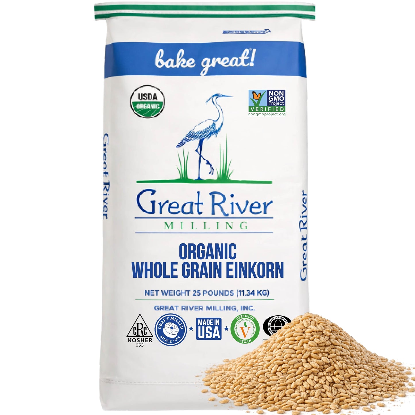 Organic Einkorn Wheat Berries bag from Great River Milling with loose whole wheat berries beside it