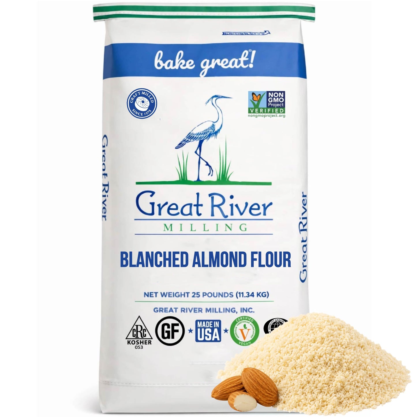 Blanched Almond Flour bag with finely ground almond flour and whole almonds by Great River Milling