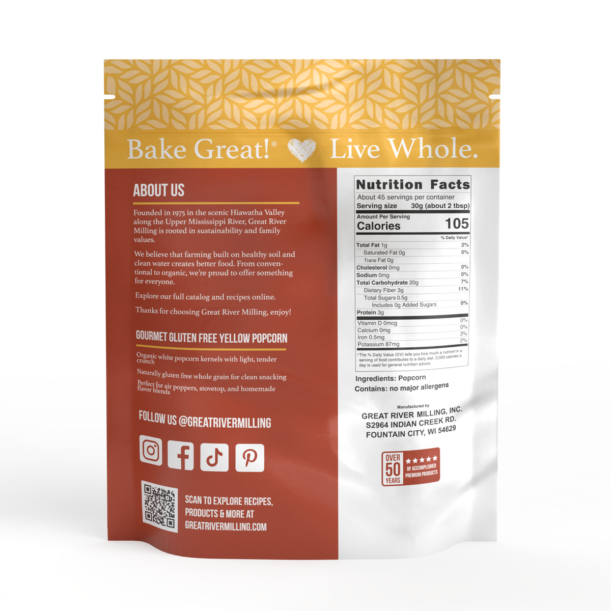 Nutrition Facts and ingredients for Gourmet Yellow Popcorn Kernels, 3 lb — Great River Milling.