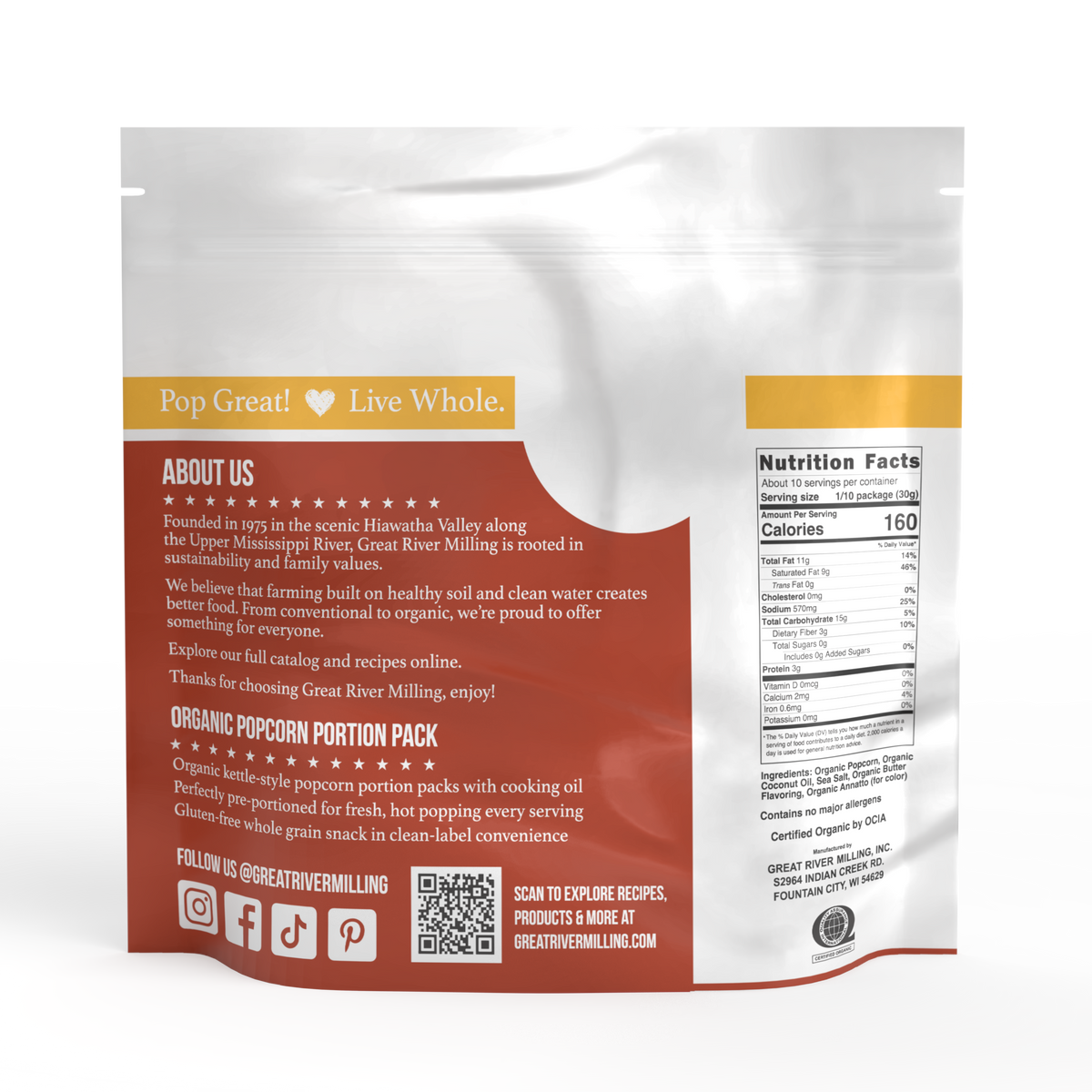 Nutrition Facts and ingredients for Organic Popcorn Portion Pack — 8 oz Bags (24-Count), Organic Popcorn Portion Pack — Great River Milling.
