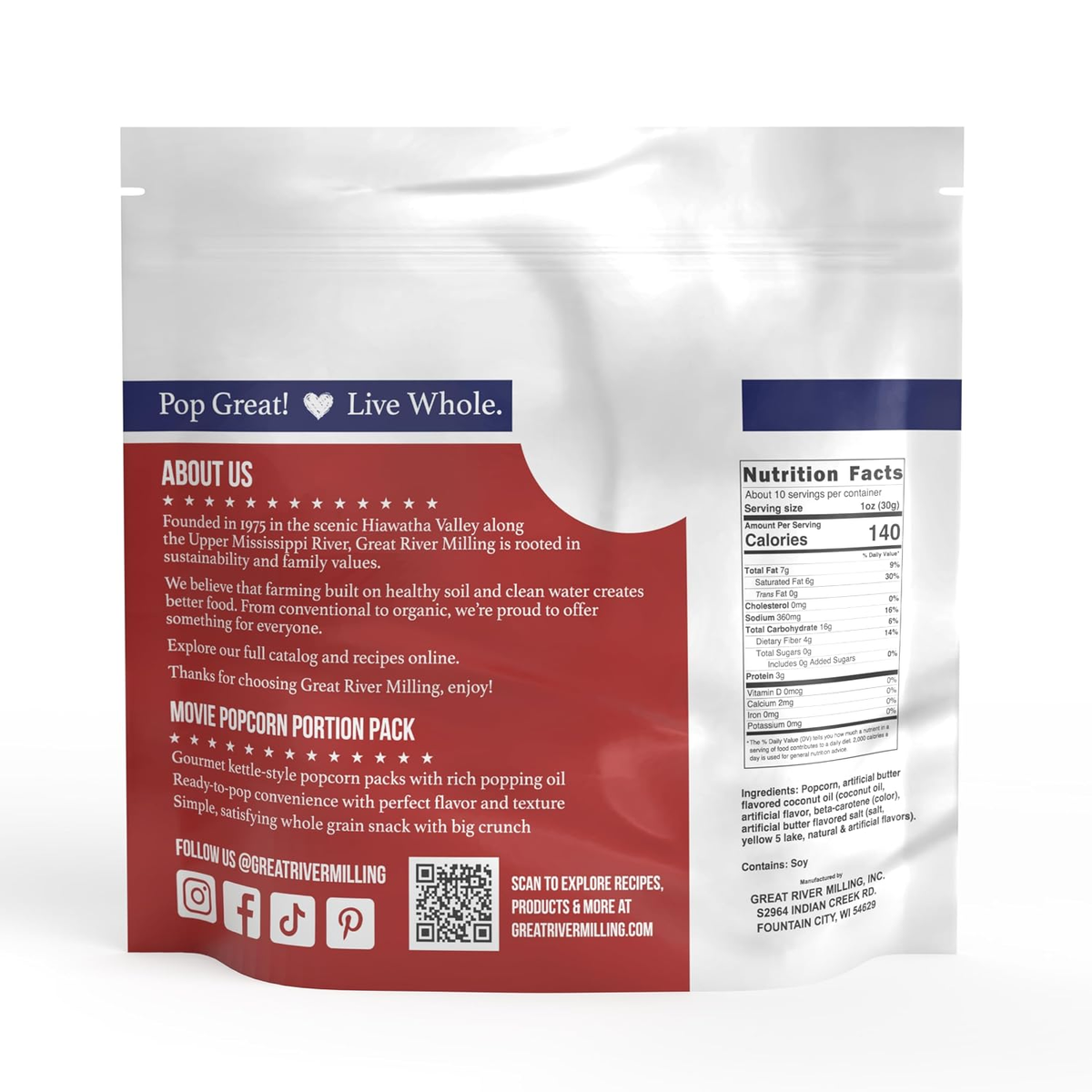 Movie Popcorn Portion Pack back label with Nutrition Facts, ingredients, allergen statement, and preparation information
