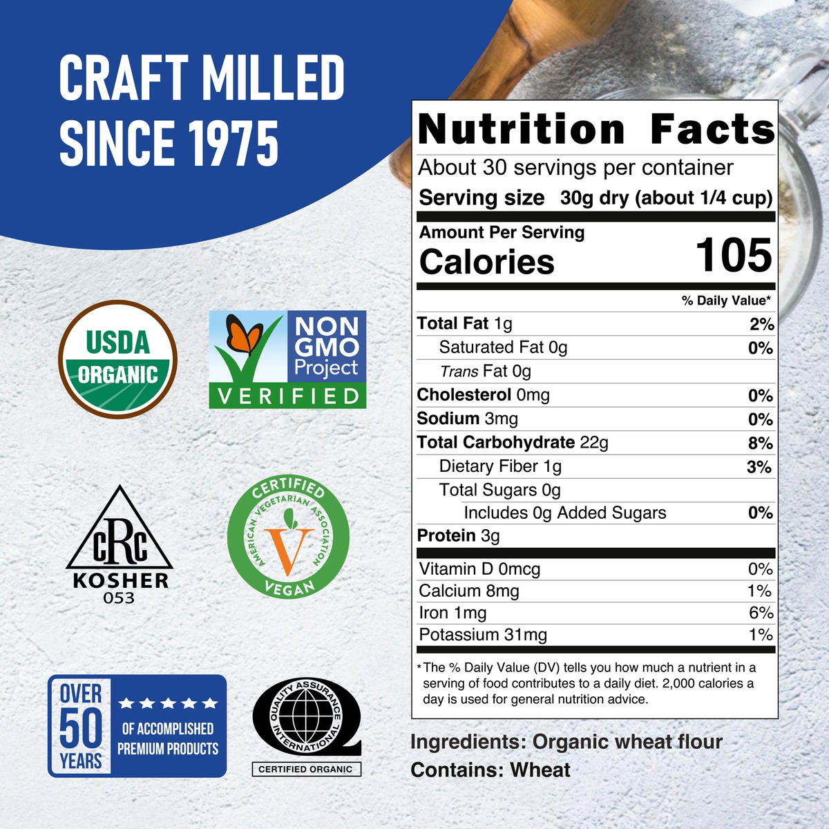Nutrition Facts and ingredients for Organic 00 Pizza Flour, 2 lb — about 30 servings per container at 30 g per serving; total sugars 0 g. Great River Milling.