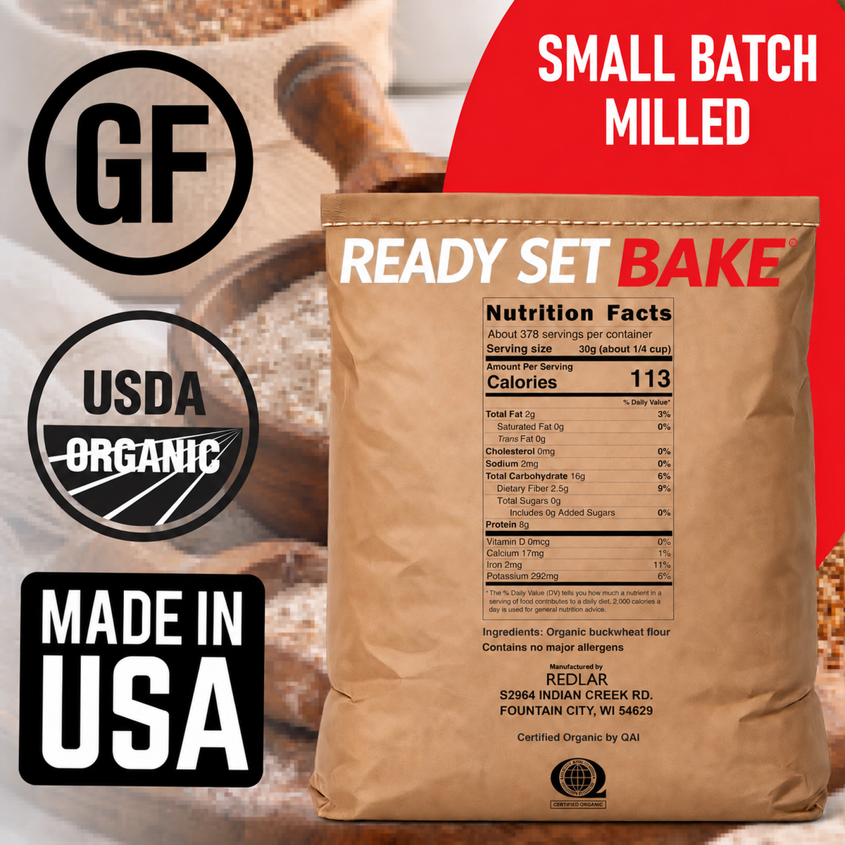 Nutrition Facts and ingredients for Redlar Fine Organic Buckwheat Flour, 25 lb — about 378 servings per container at 30 g per serving; total sugars 0 g.