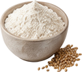 Bowl of white flour with scattered wheat grains