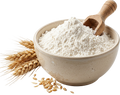 Bowl of white flour with a wooden scoop and wheat stalks