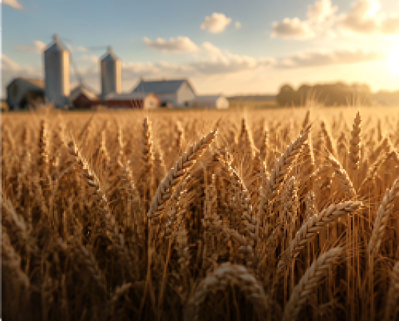 Wheat field with farm buildings and silos in the background at sunset