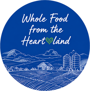 Circular logo with white line drawing of a farm landscape and text Whole Food from the Heartland