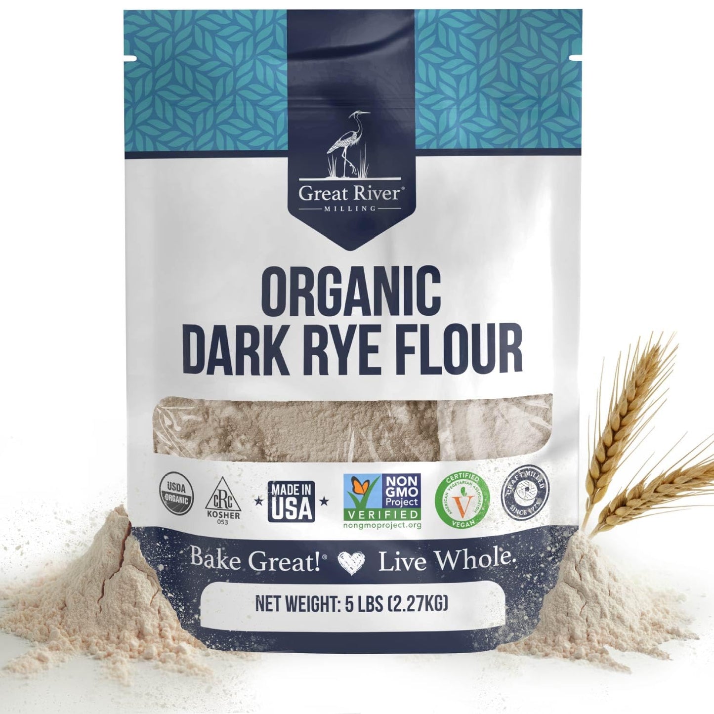 The package of Great River Milling Organic Dark Rye Flour features a blue and white design with natural imagery, emphasizing its non-GMO and glyphosate-free qualities