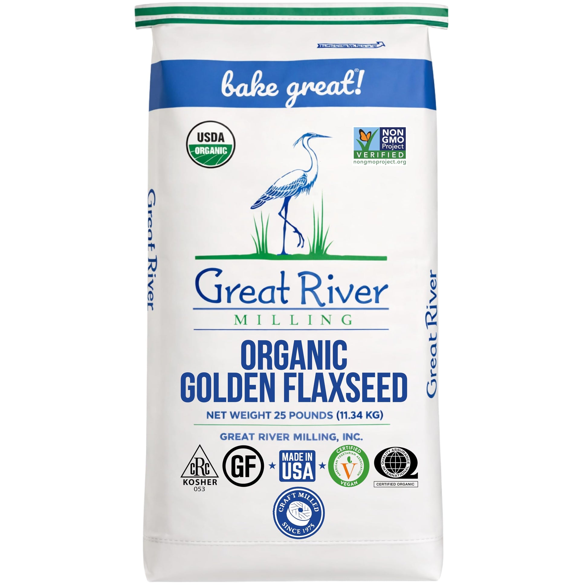 A 25-pound bag of Organic Golden Flaxseed, adorned with a crane illustration and certified as USDA Organic, Non-GMO, Kosher, Gluten-Free, Made in USA, and Certified Vegan—ideal for anyone looking to buy bulk flaxseed or premium whole flaxseed for their pantry.