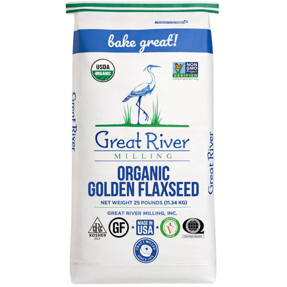 A 25-pound bag of Organic Golden Flaxseed, adorned with a crane illustration and certified as USDA Organic, Non-GMO, Kosher, Gluten-Free, Made in USA, and Certified Vegan—ideal for anyone looking to buy bulk flaxseed or premium whole flaxseed for their pantry.