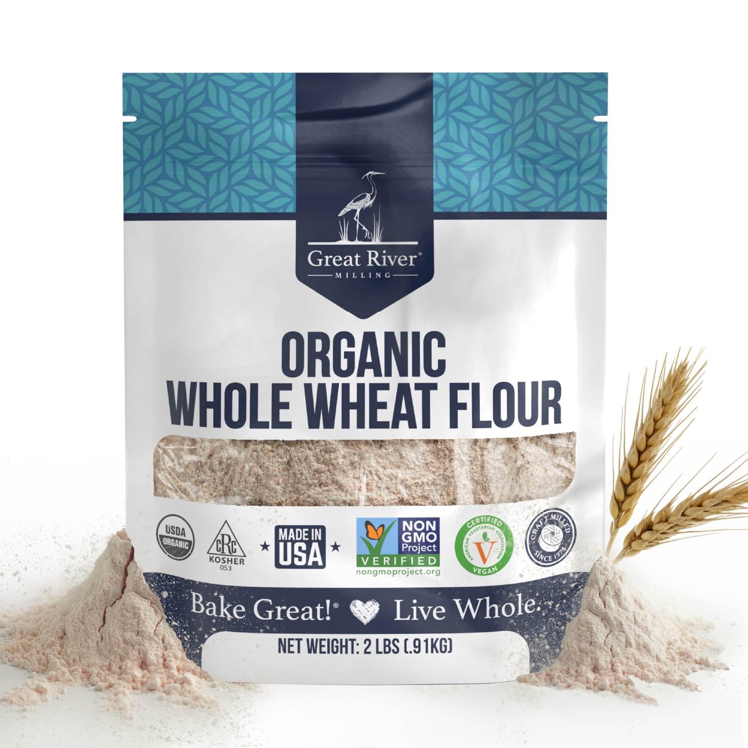 Organic Whole Wheat Flour bag by Great River Milling with wheat stalks and scattered flour