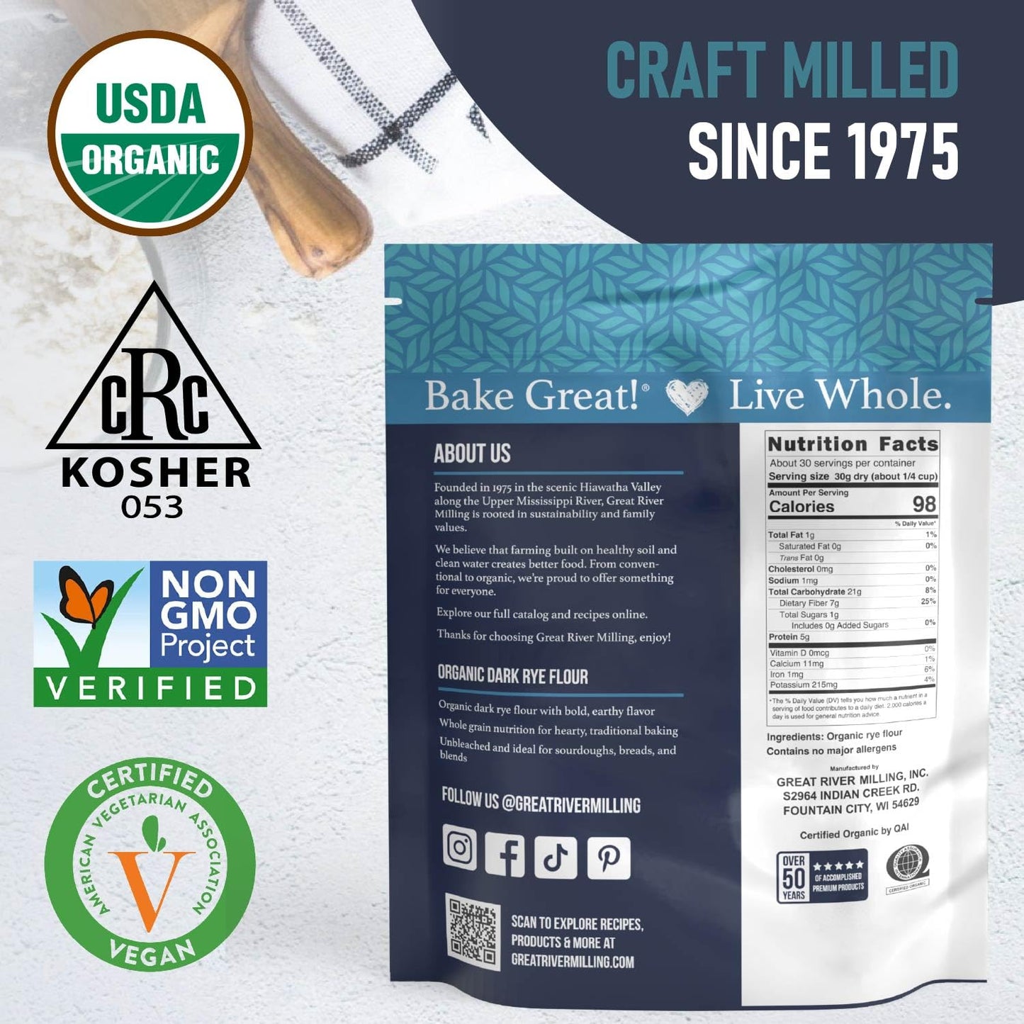 Great River Milling Organic Dark Rye Flour in a 25 lb bag, featuring a blue and white design with certification logos and detailed nutritional information on the back