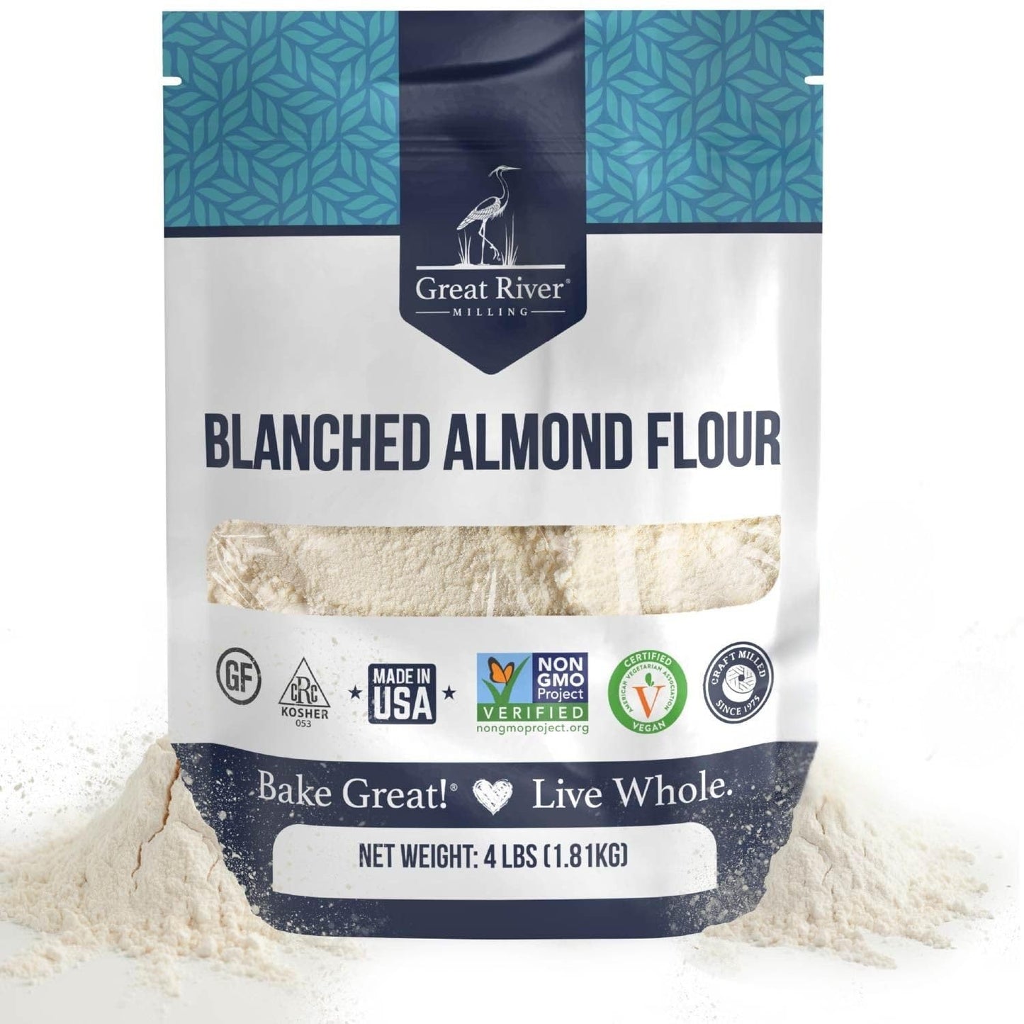 Blanched Almond Flour bag by Great River Milling with finely ground almond flour visible through window