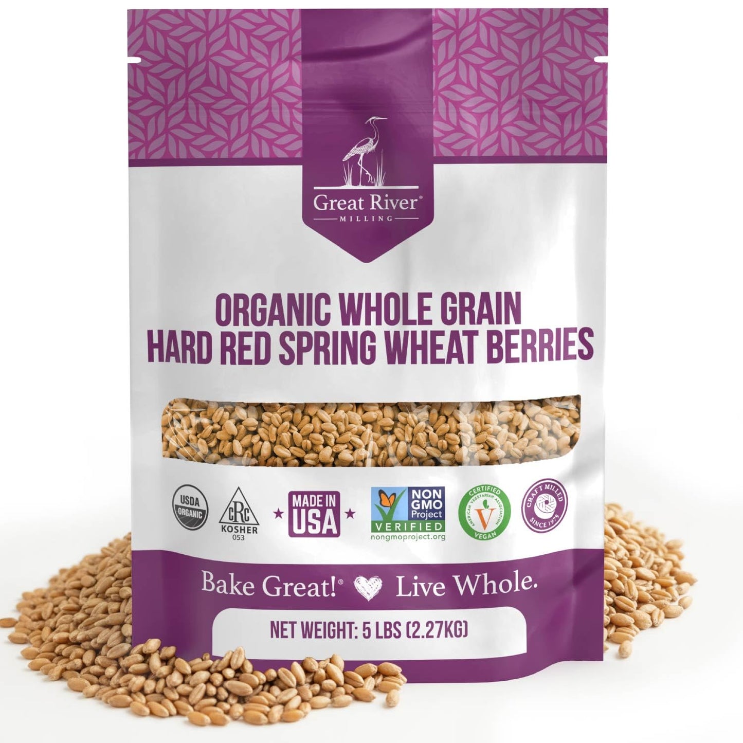 Organic Hard Red Spring Wheat Berries in a Great River Milling bag with wheat berries visible