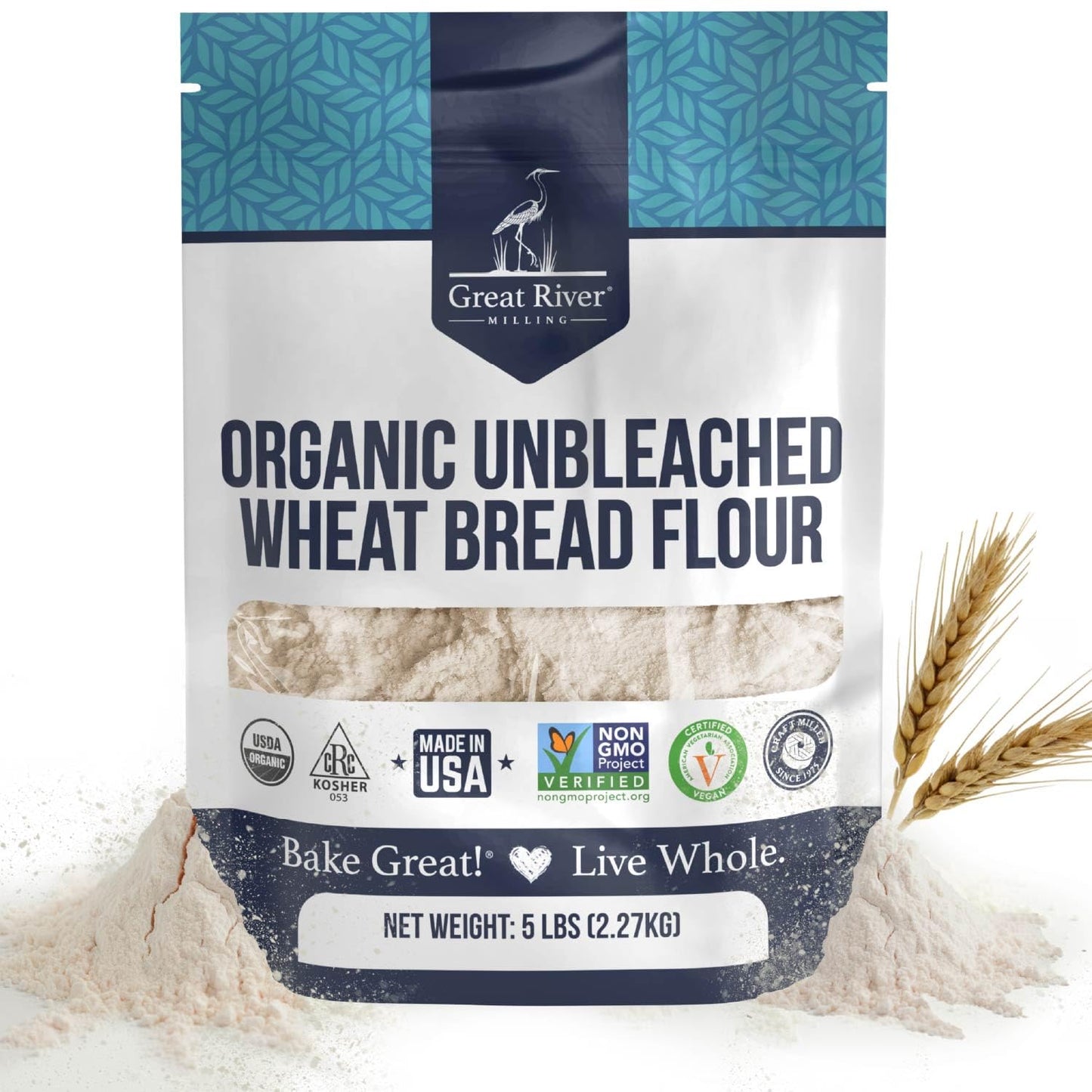 Organic Bread Flour bag by Great River Milling with wheat stalks and flour around it