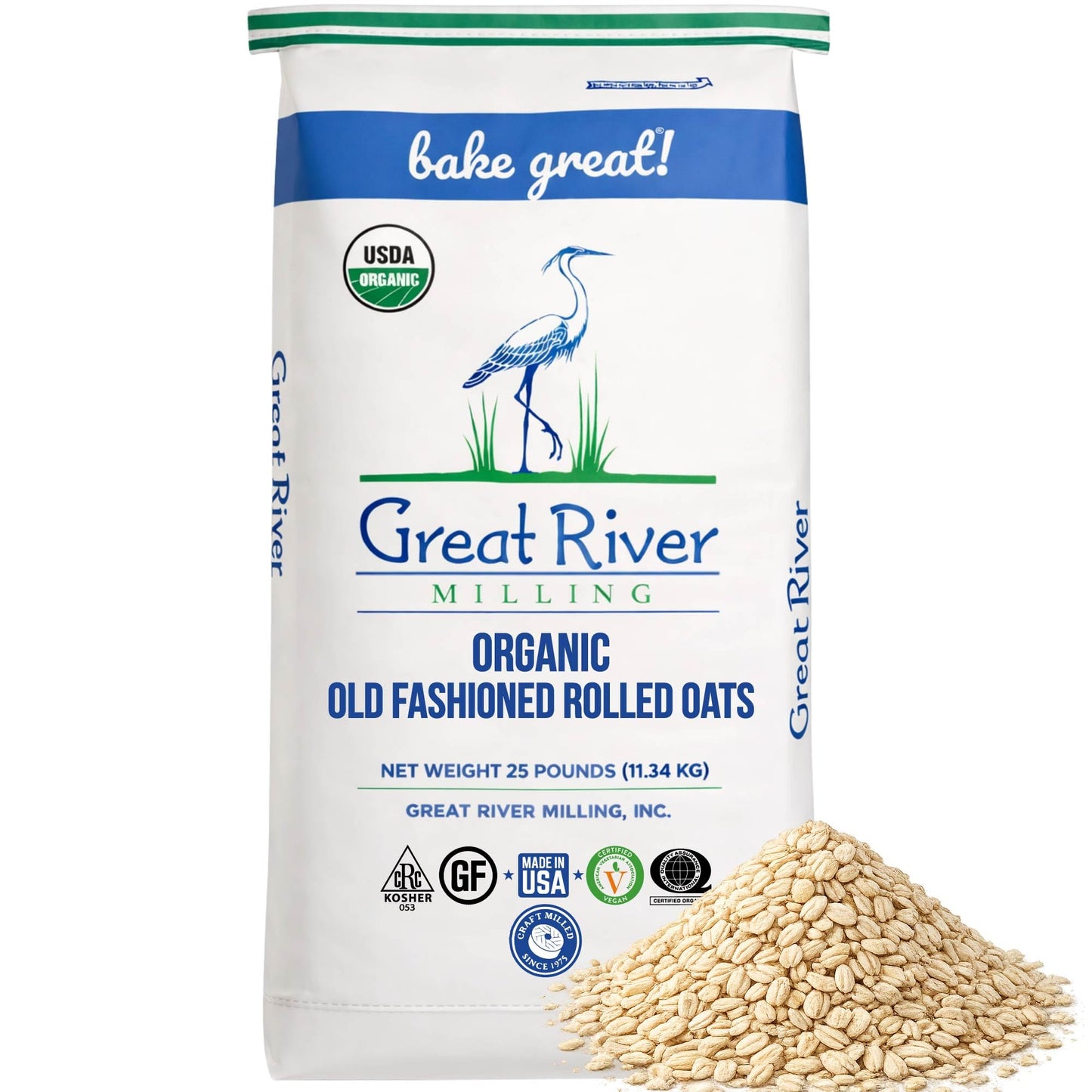 Organic Old-Fashioned Rolled Oats bag by Great River Milling with loose rolled oats beside it