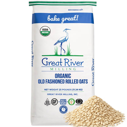 Organic Old-Fashioned Rolled Oats bag by Great River Milling with loose rolled oats beside it