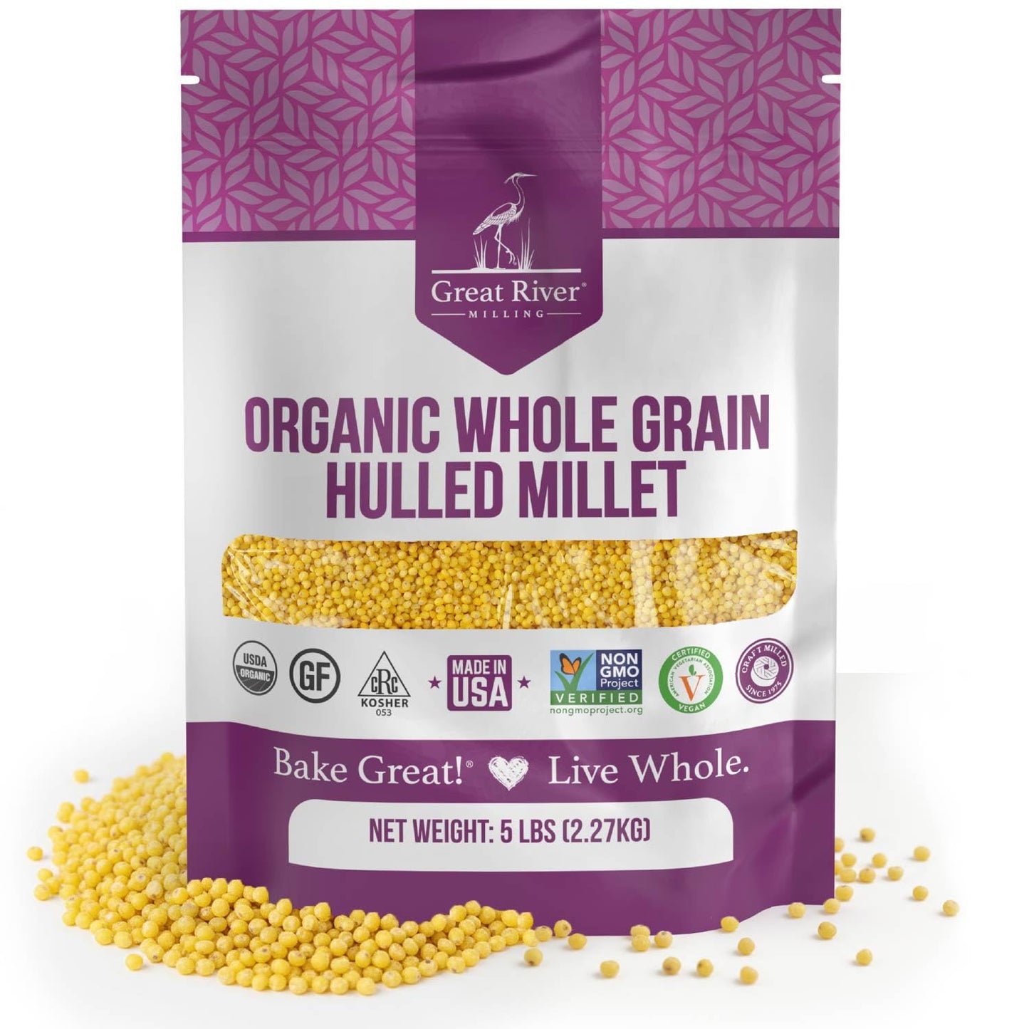 Organic Hulled Millet package with golden millet grains by Great River Milling