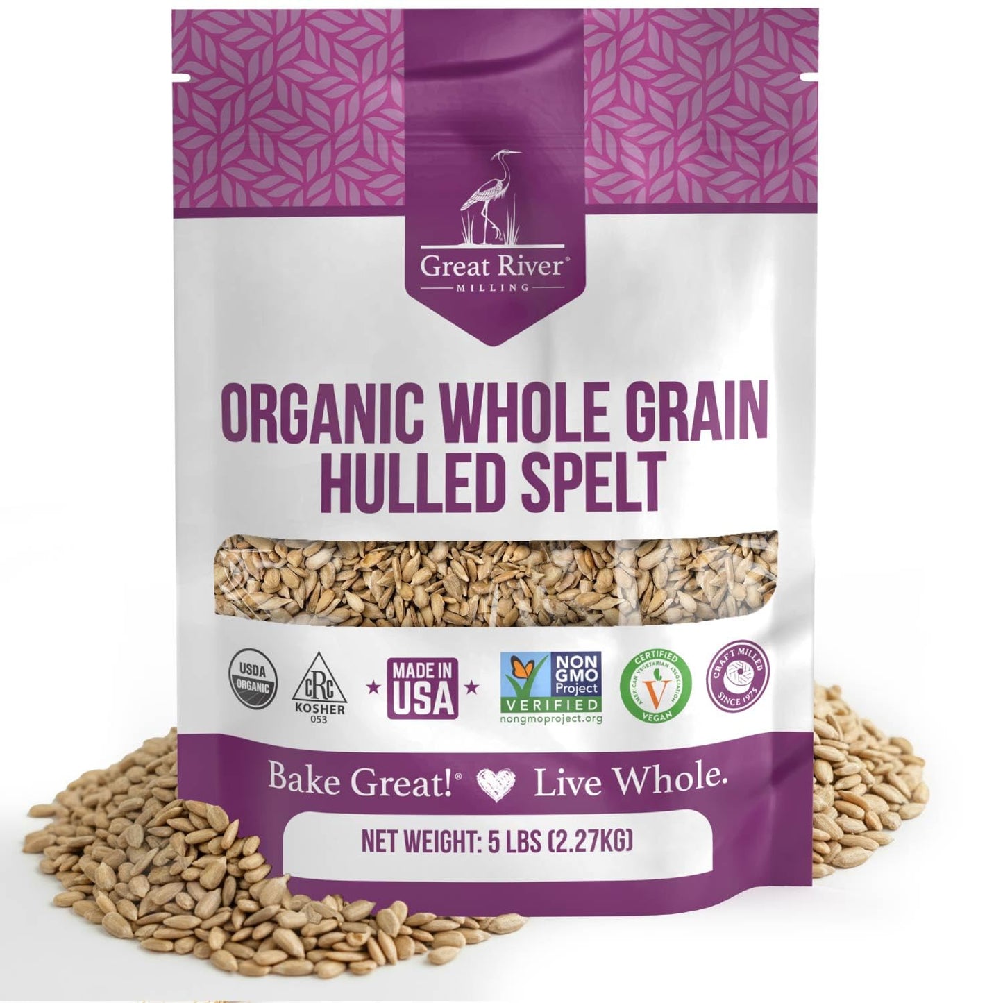 Organic Hulled Spelt Berries bag by Great River Milling with whole spelt grains