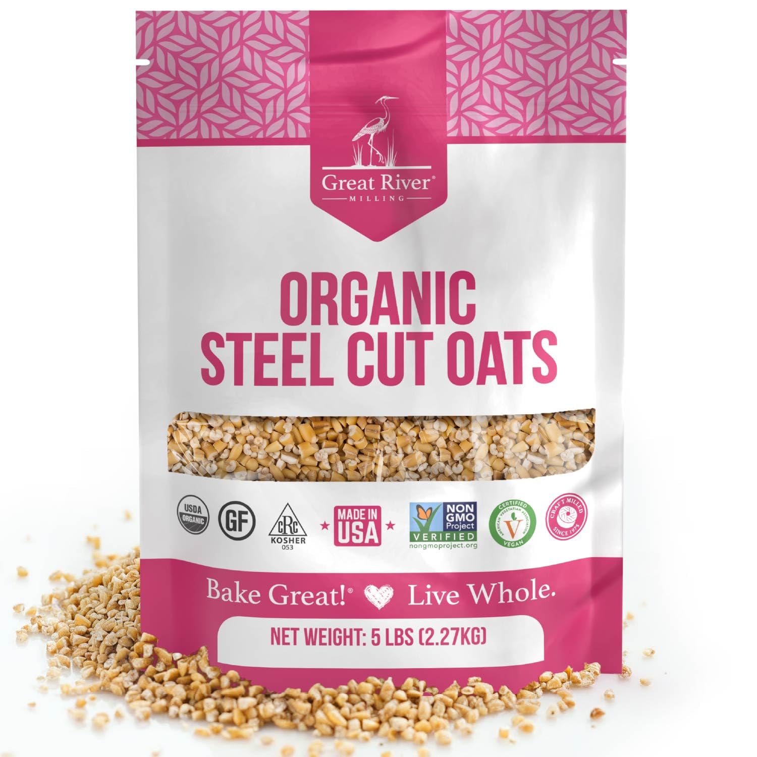 Organic Steel Cut Oats bag by Great River Milling with whole oat pieces and chewy texture