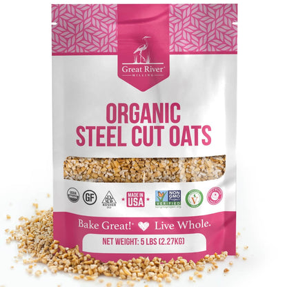 Organic Steel Cut Oats bag by Great River Milling with whole oat pieces and chewy texture