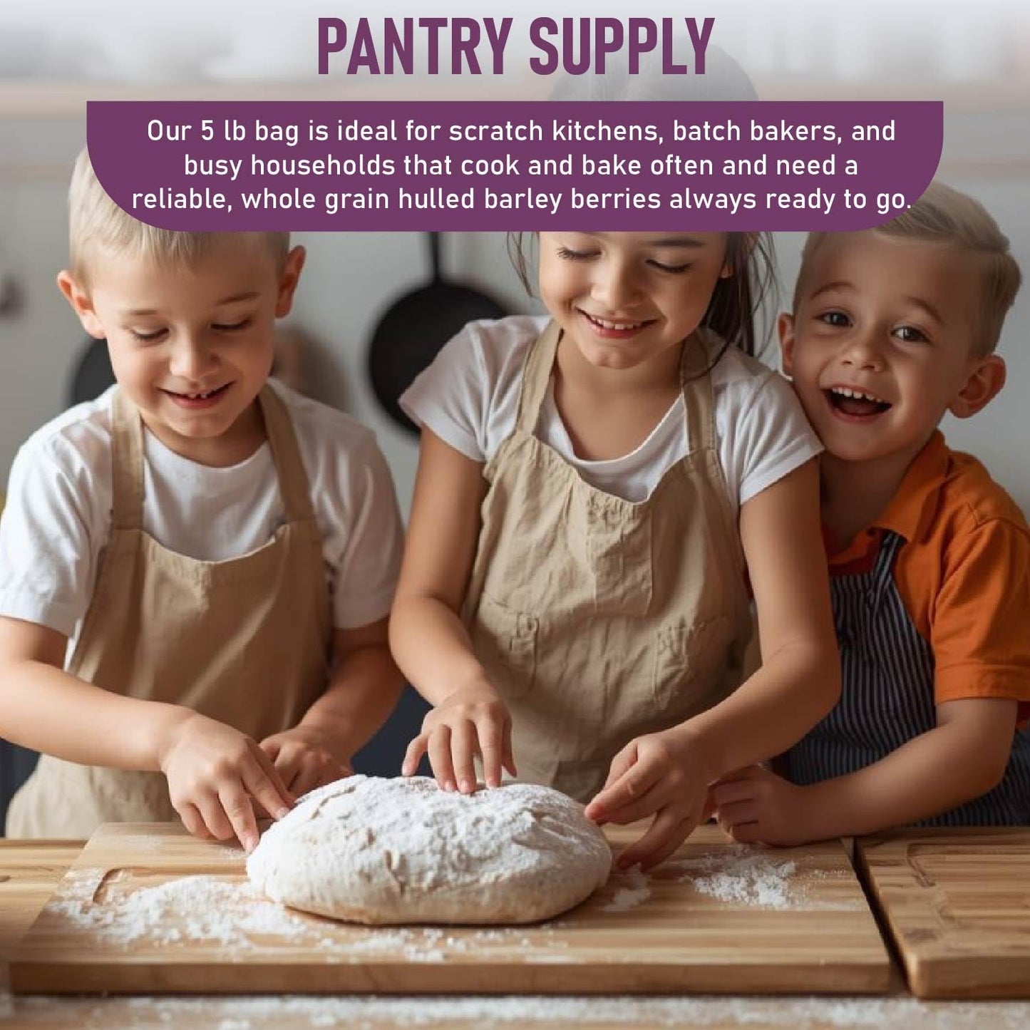 Three children in aprons smile while kneading dough on a wooden countertop, surrounded by flour. The kitchen setting suggests a fun, hands-on baking activity