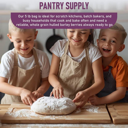Three children in aprons smile while kneading dough on a wooden countertop, surrounded by flour. The kitchen setting suggests a fun, hands-on baking activity