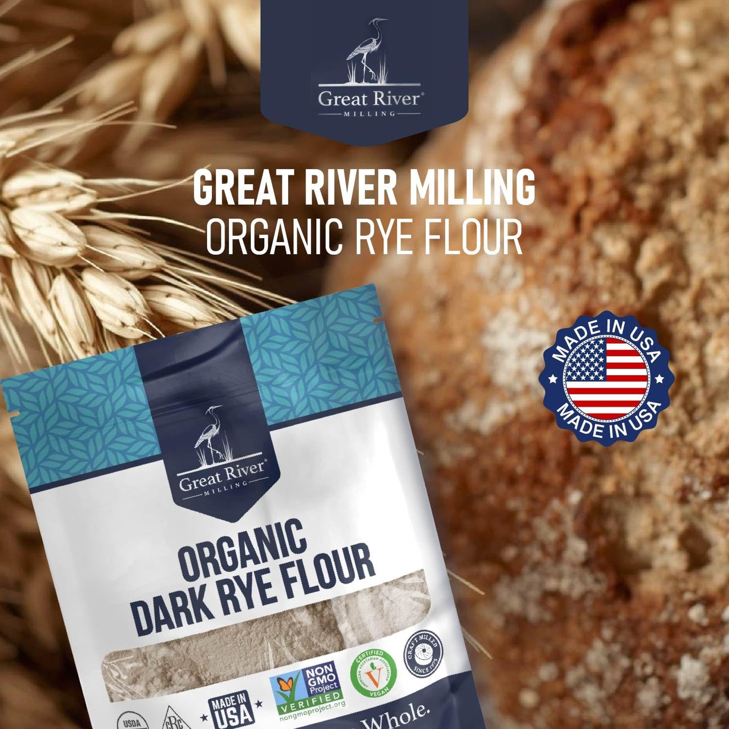 Great River Milling Organic Dark Rye Flour packaging features a blue and white design with a wheat graphic, emphasizing its non-GMO and USA-made attributes
