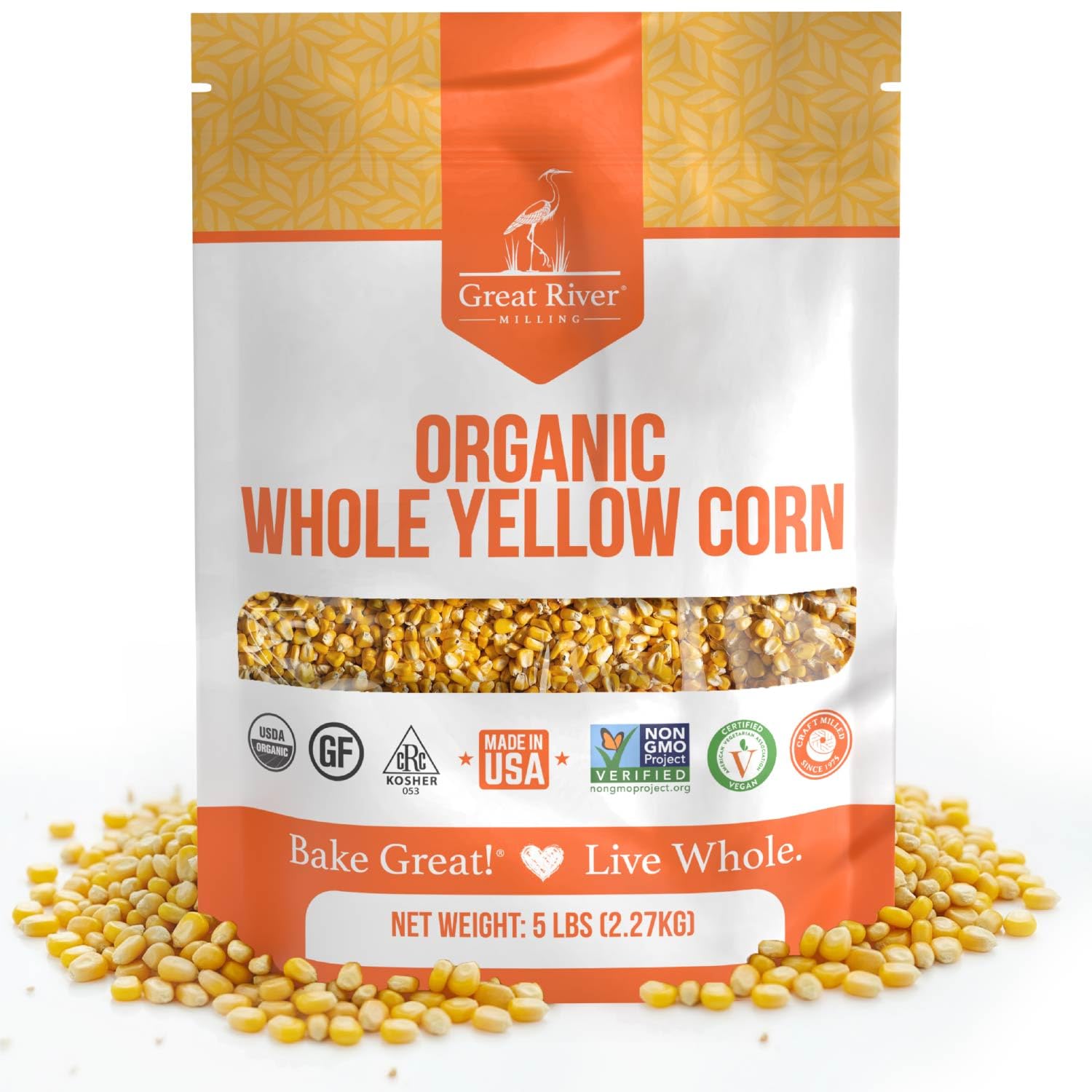 Organic Whole Corn bag of dried yellow corn by Great River Milling