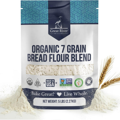 Organic 7-Grain Bread Flour bag by Great River Milling with wheat grains and flour