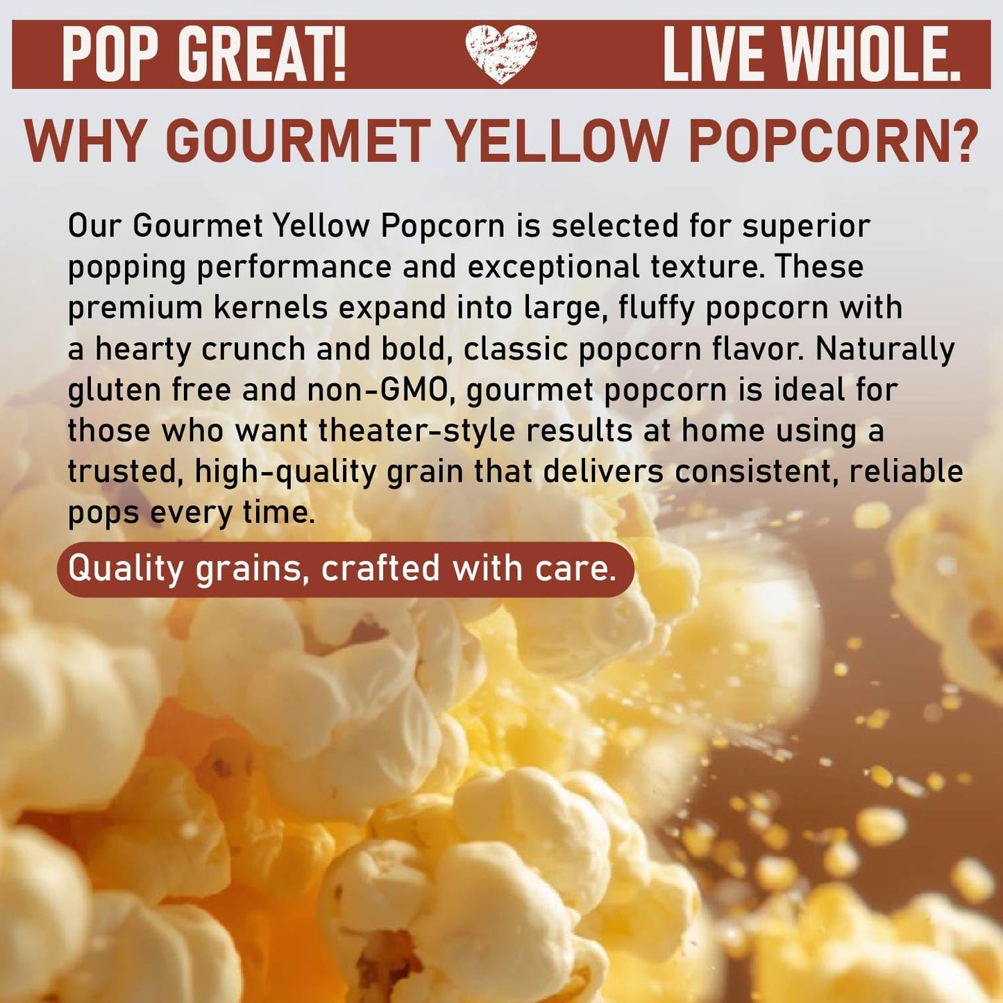 Gourmet Yellow Popcorn Kernels by Great River Milling are shown popping into fluffy, golden pieces against a blurred background. The text emphasizes quality and natural ingredients