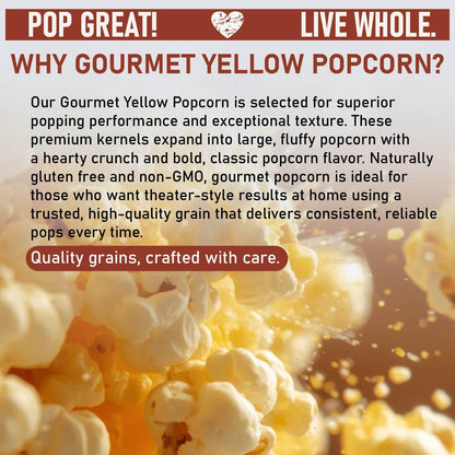 Gourmet Yellow Popcorn Kernels by Great River Milling are shown popping into fluffy, golden pieces against a blurred background. The text emphasizes quality and natural ingredients