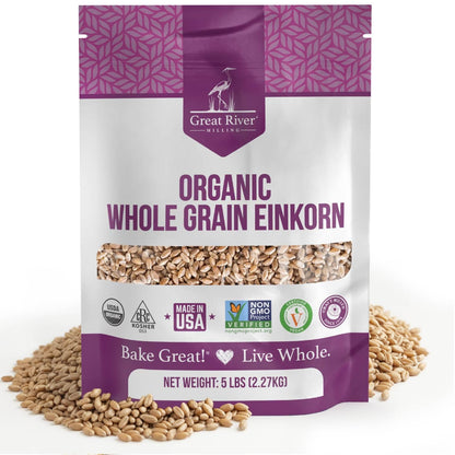 Organic Einkorn Wheat Berries bag from Great River Milling with whole einkorn grains
