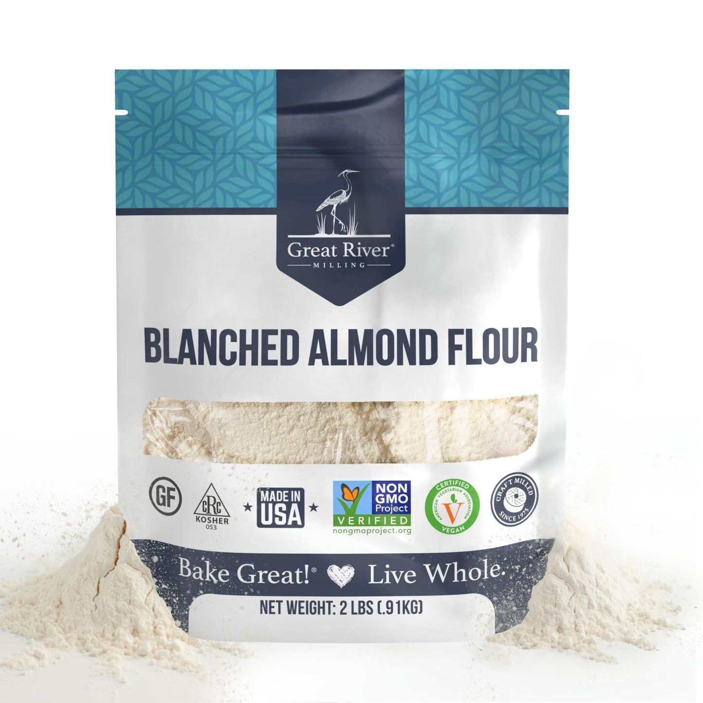 Blanched Almond Flour bag from Great River Milling with almond flour spilling onto a white surface