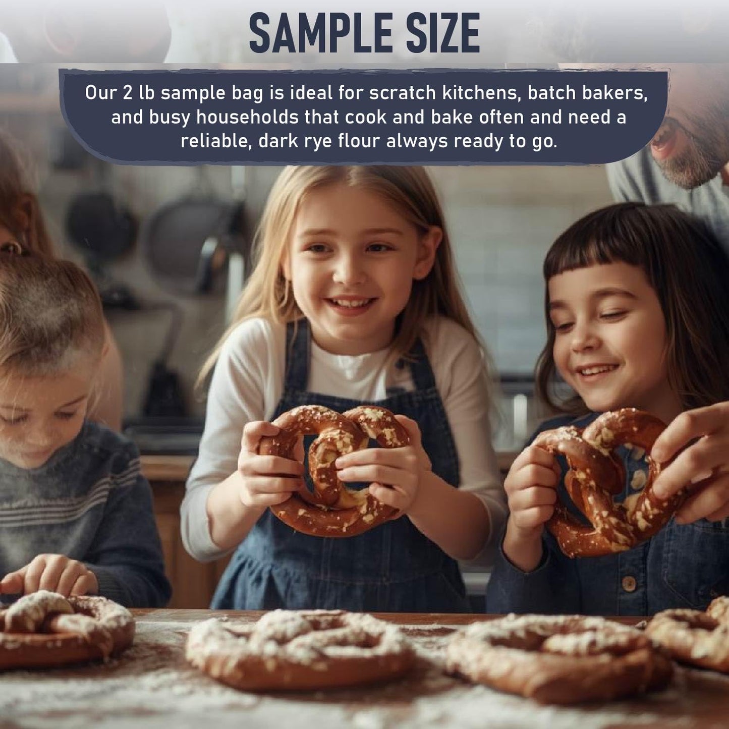 Three children smiling and holding large pretzels in a cozy kitchen setting, surrounded by baked goods. The text above highlights a sample size of dark rye flour