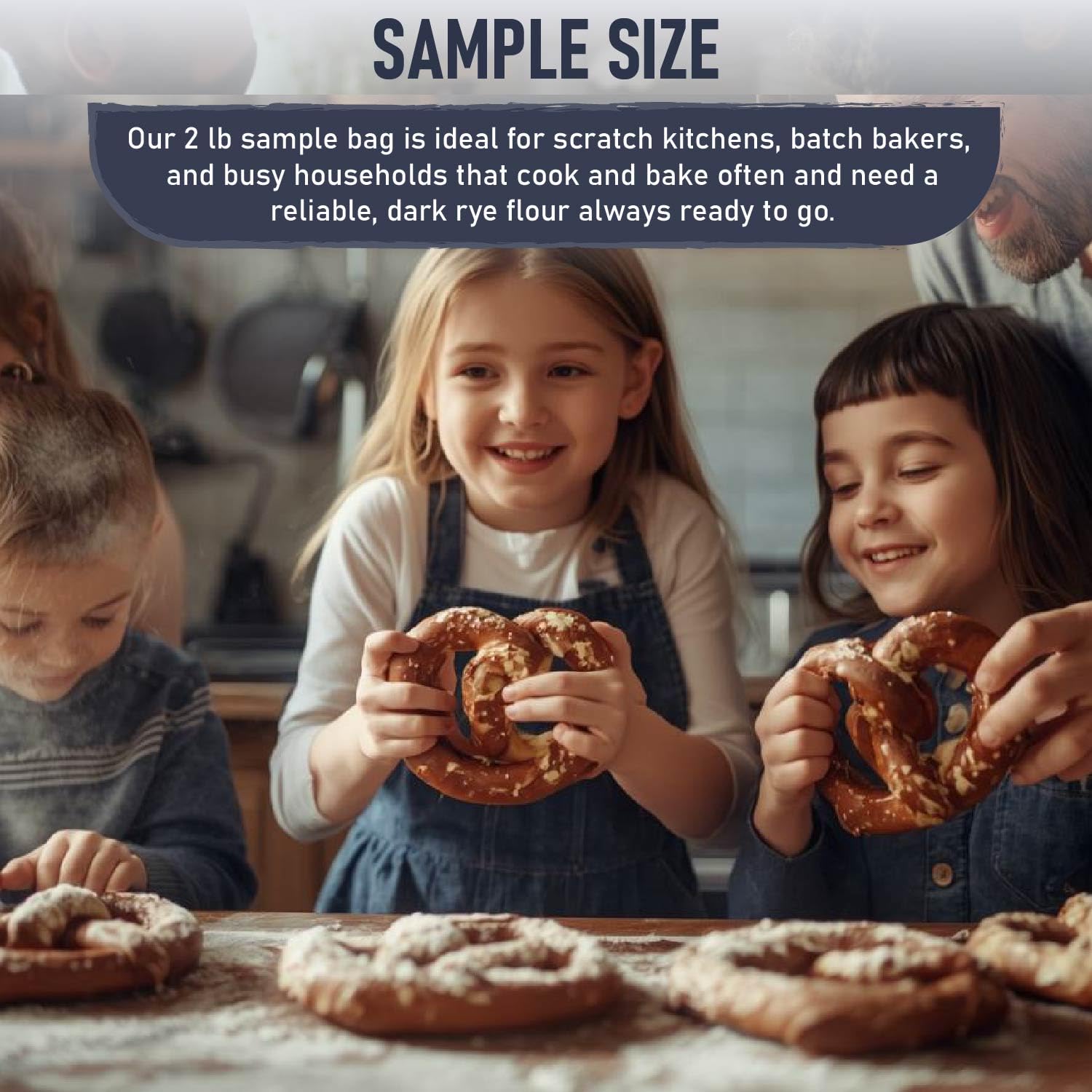 Three children smiling and holding large pretzels in a cozy kitchen setting, surrounded by baked goods. The text above highlights a sample size of dark rye flour