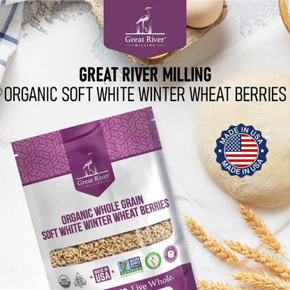 Organic Soft White Wheat Berries by Great River Milling in a packaged grain bag