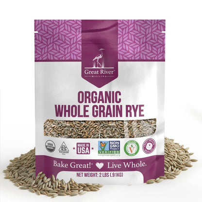 Organic Rye Berries by Great River Milling in a package with loose whole rye grains beside it
