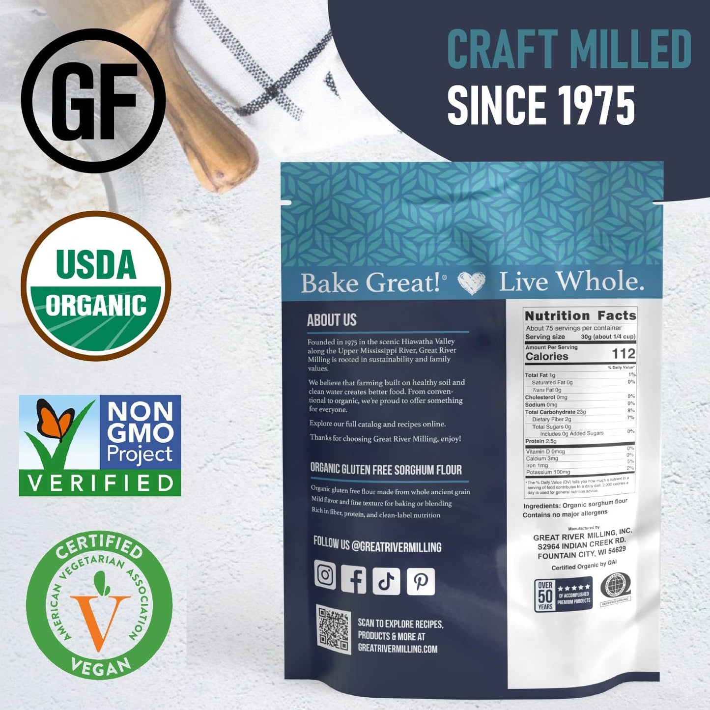 The image shows a 25 lb bag of Great River Milling Organic Sorghum Flour, featuring a blue and white design with certification logos like USDA Organic and Non-GMO Project Verified