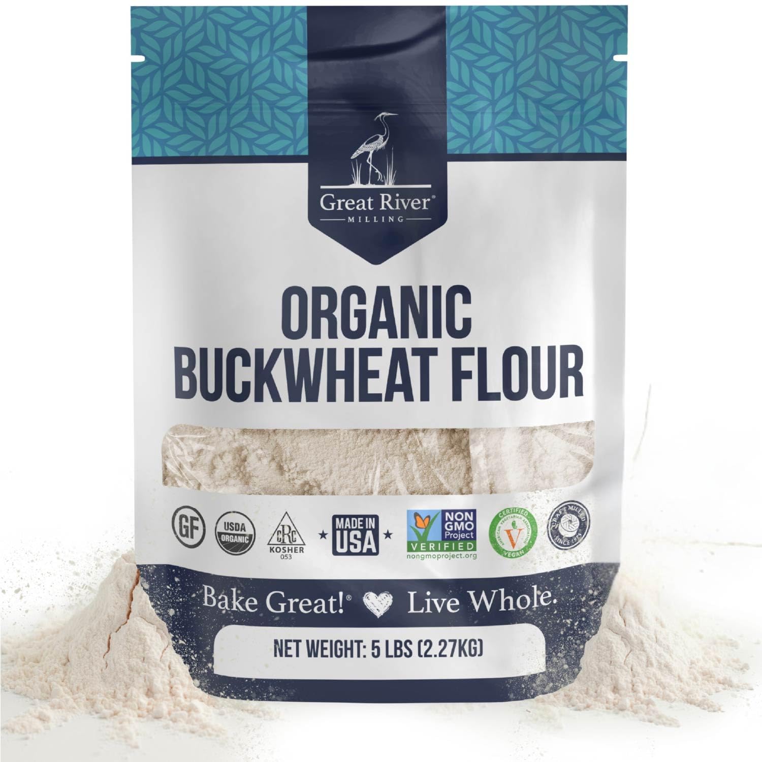 Great River Milling Organic Buckwheat Flour in a 25 lb bag features a blue and white design with various certifications and logos on the front, surrounded by scattered flour