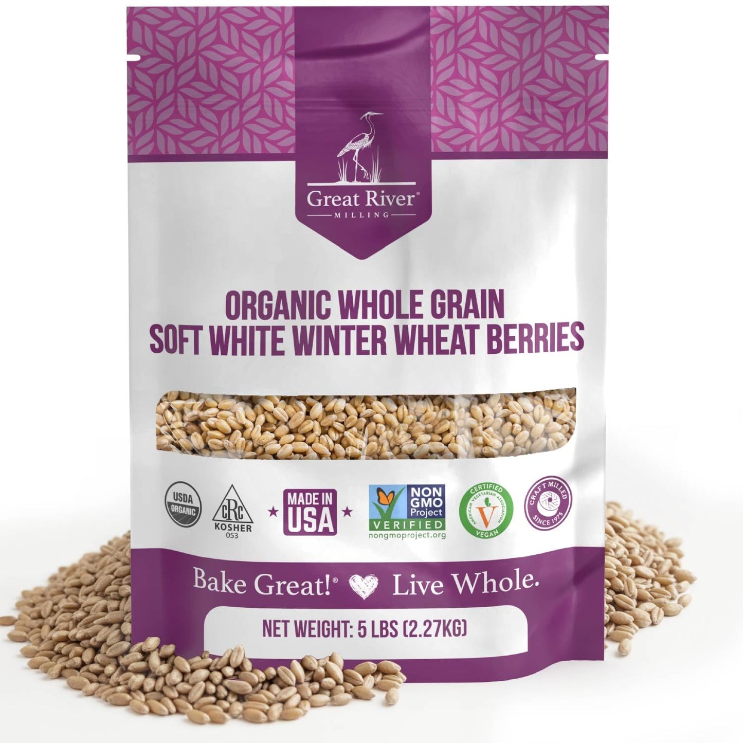 Organic Soft White Wheat Berries in a Great River Milling bag with loose wheat berries