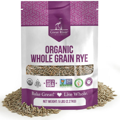 Organic Rye Berries from Great River Milling package with loose whole rye grains beside it