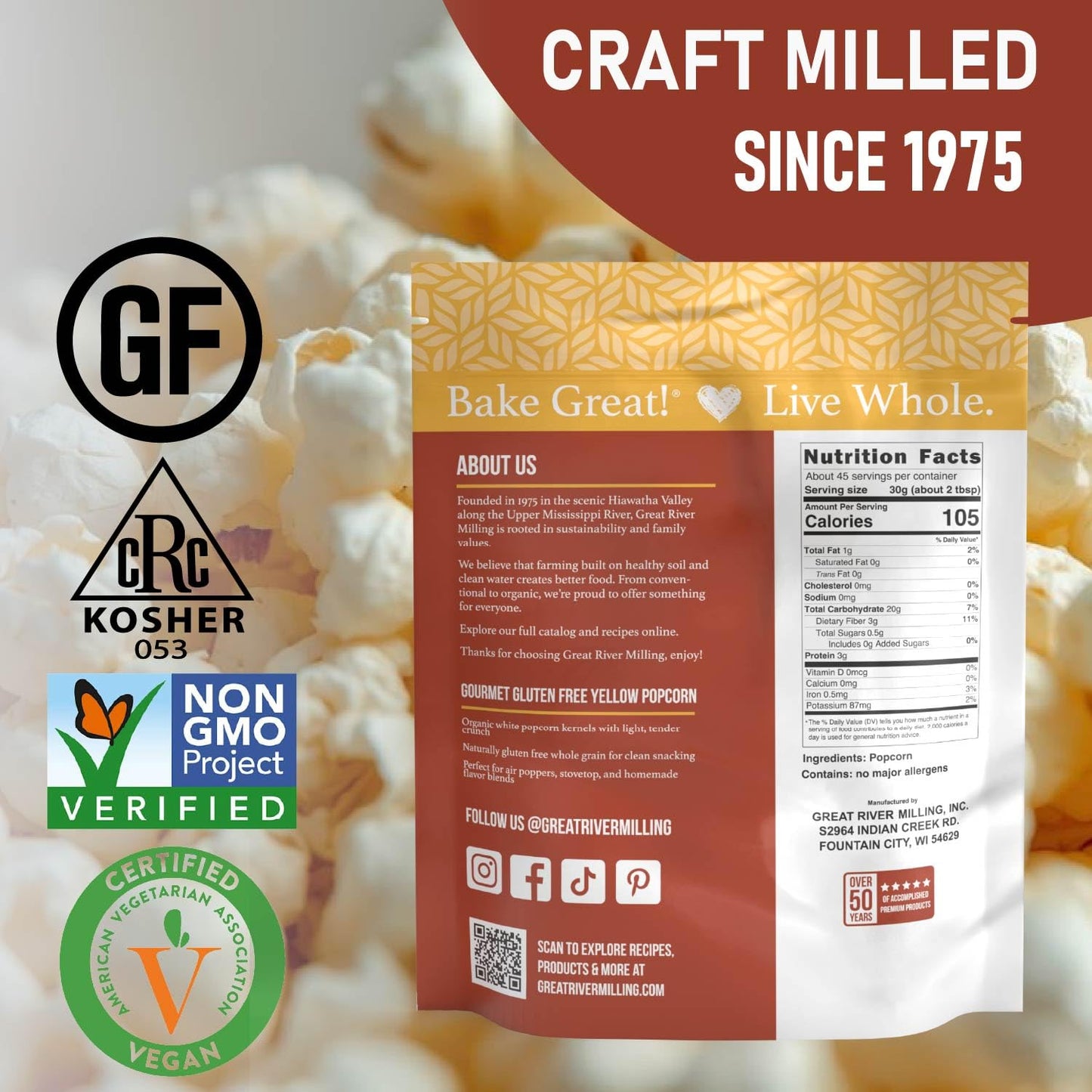Great River Milling Gourmet Yellow Popcorn Kernels in a resealable bag with vivid branding. The packaging highlights certifications and nutritional information against a backdrop of popped popcorn