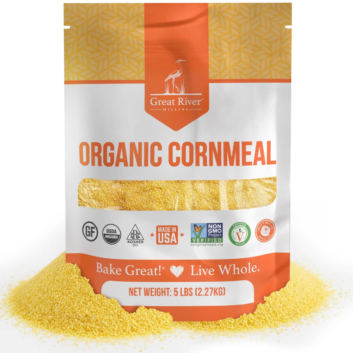 Organic Medium Grind Cornmeal bag from Great River Milling with yellow cornmeal scattered around it
