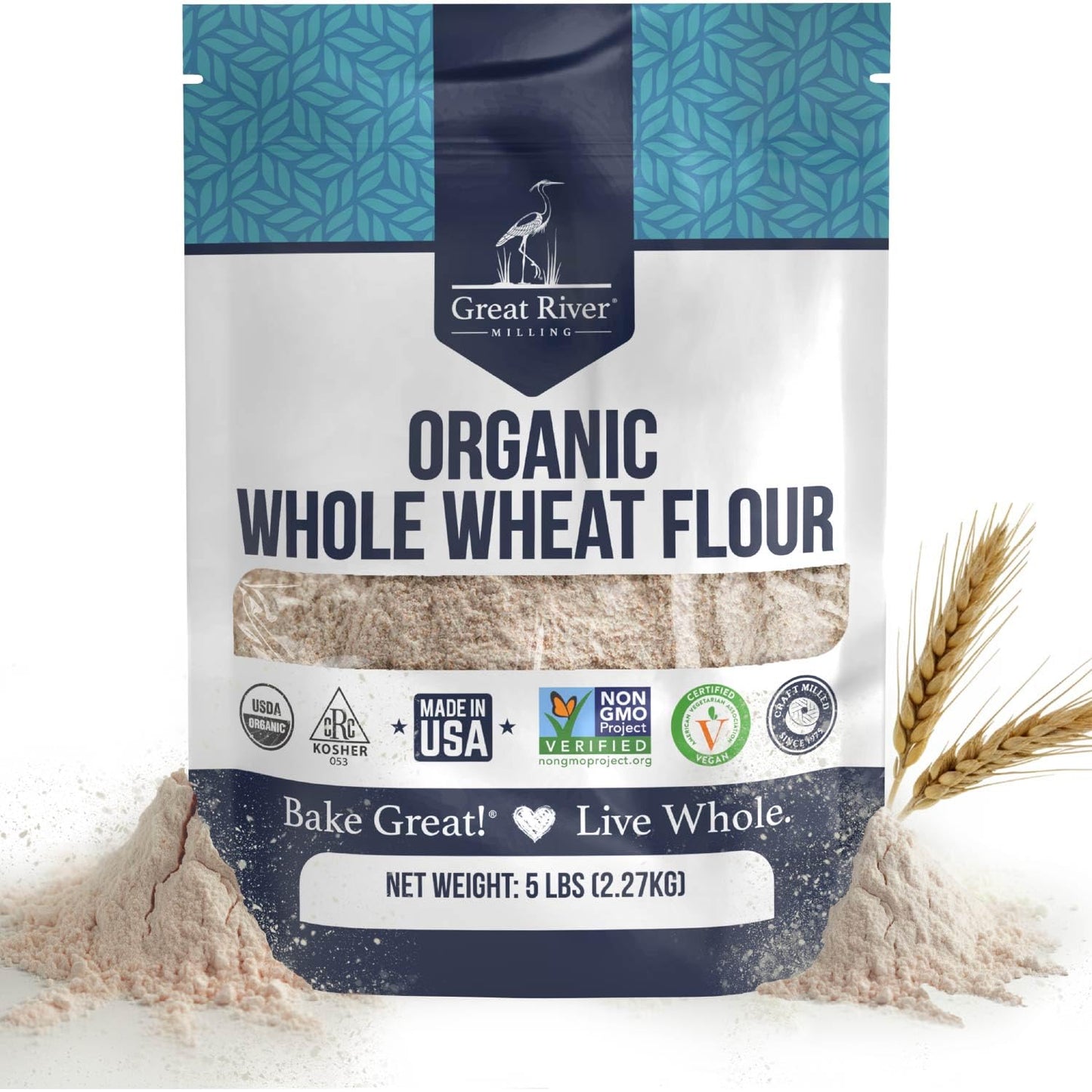 Organic Whole Wheat Flour bag by Great River Milling with wheat grains and flour pile