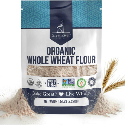 Organic Whole Wheat Flour bag by Great River Milling with wheat grains and flour pile